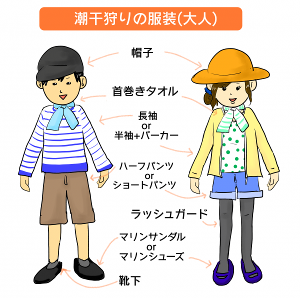 潮干狩りの服装は イラストで解説 大人 子ども