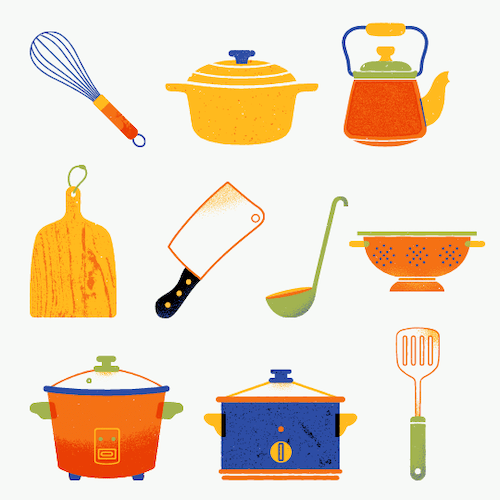 お玉や鍋や泡立て器などのイラスト