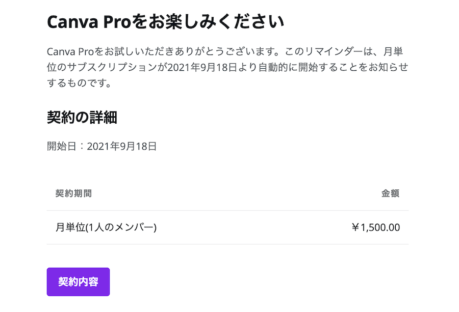 有料プランCanvaPro開始のメール