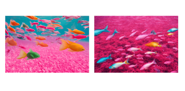 カラフルな魚がピンクの海を泳いでいる様子をAIで画像生成した結果