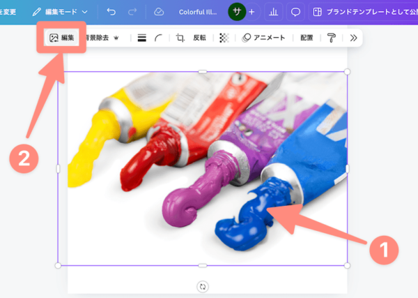 canvaで写真の一部の色を変更したいなら、写真をクリックして編集をクリック