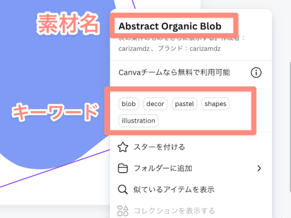 素材名やキーワードが確認できる