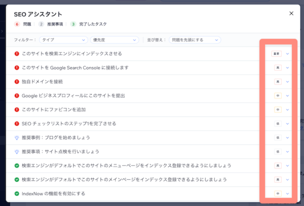 SEOアシスタントなら重要度が表示される